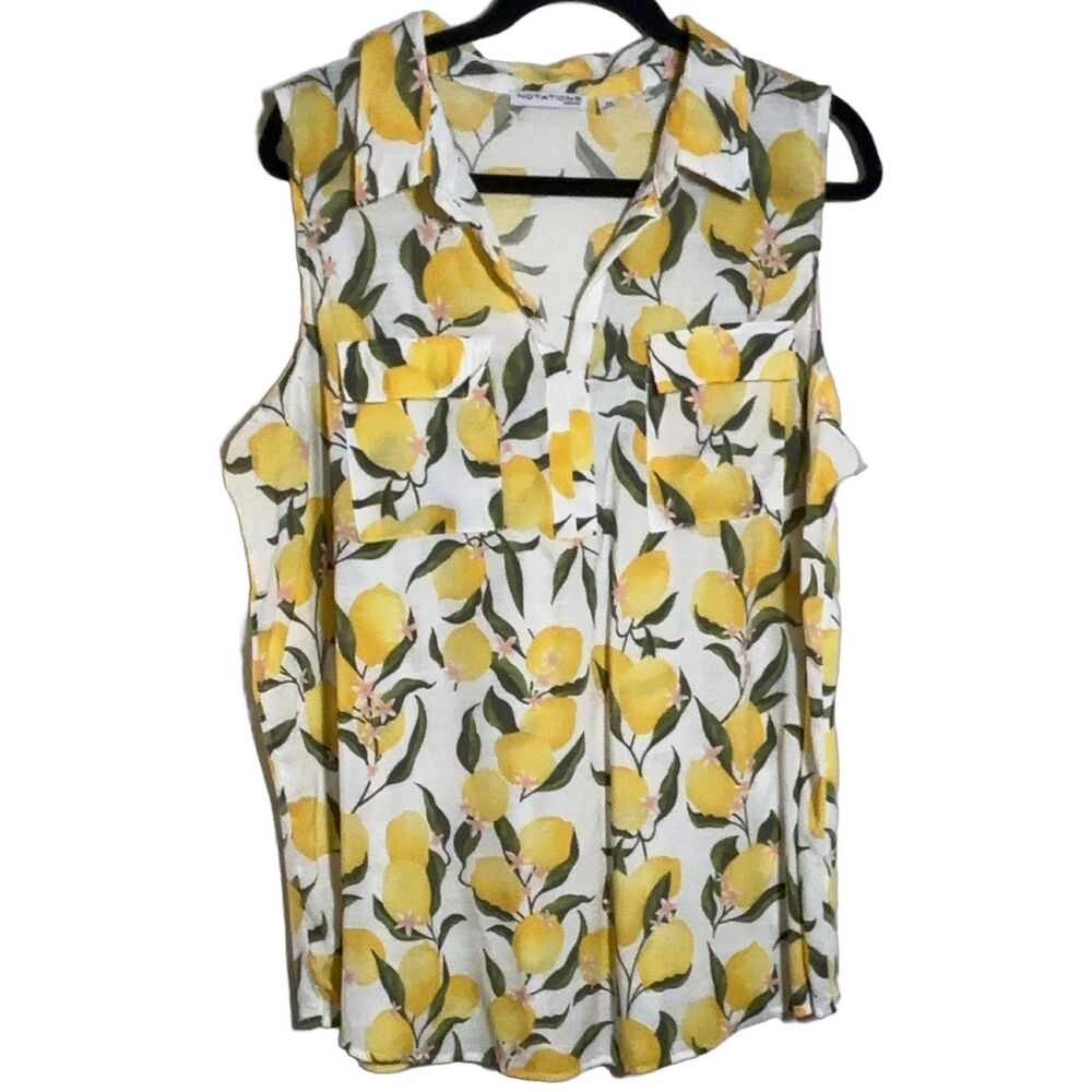 NOTATIONS Women's 2X Sleeveless Blouse Floral Collared Button Front Pockets